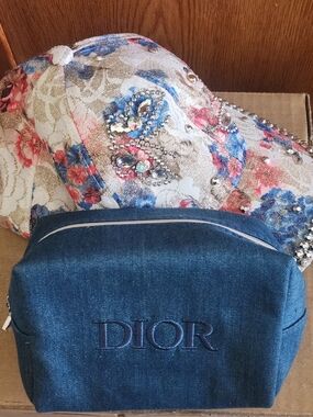 Dior Denim Cosmetic Pouch - Blue & Unbranded Bling Studded Cap NWOT